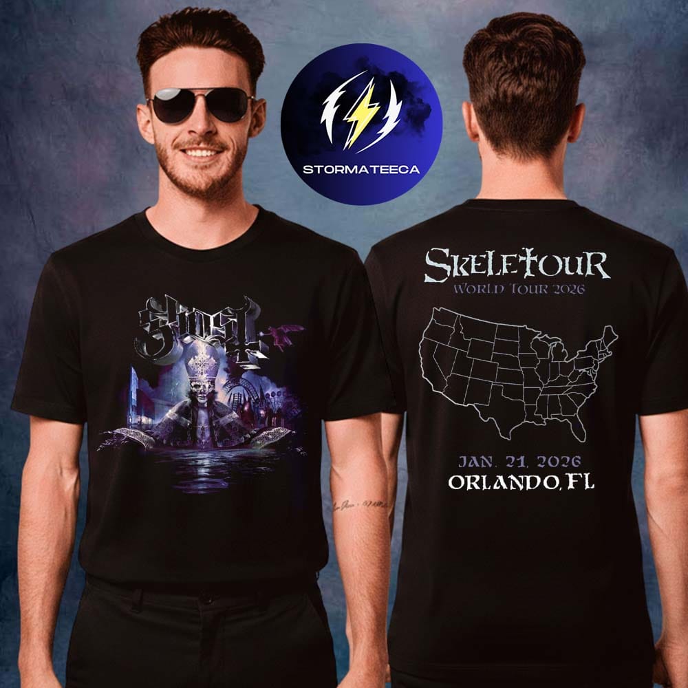 Ghost Band Merch Skeletour World Tour 2026 Orlando FL On January 21 2026 Road Map Two Sided Unisex T-Shirt Ghost Band Merch Skeletour World Tour 2026 Orlando FL On January 21 2026 Road Map Two Sided Unisex T-Shirt