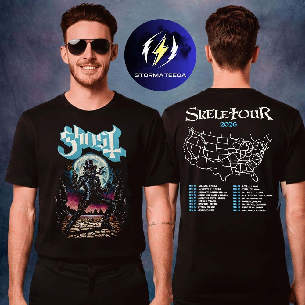Ghost Band Merch Skeletour World Tour 2026 Road Map Cowboy Papa Two Sided Unisex T-Shirt Ghost Band Merch Skeletour World Tour 2026 Road Map Cowboy Papa Two Sided Unisex T-Shirt