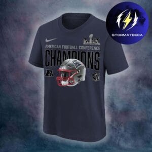 New England Patriots 2025 AFC Champions Merch Glory Shield Helmet Navy T-Shirt