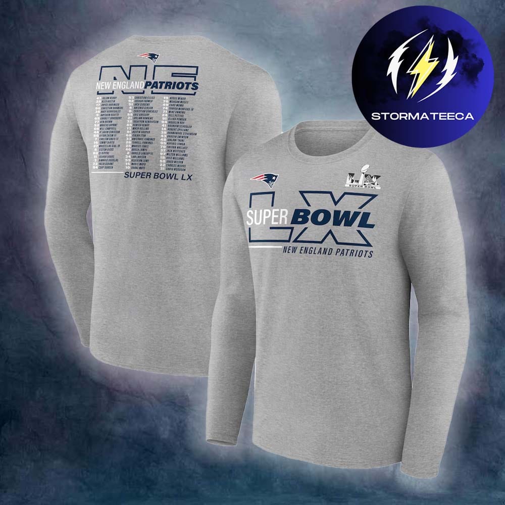 New England Patriots Merch Super Bowl LX Roster Gray Long Sleeve T-Shirt New England Patriots Merch Super Bowl LX Roster Gray Long Sleeve T-Shirt