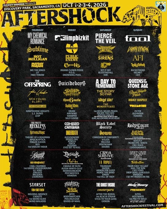 Aftershock Festival Music Line Up Poster At Discovery Park In Sacramento CA On October 1 4 2026