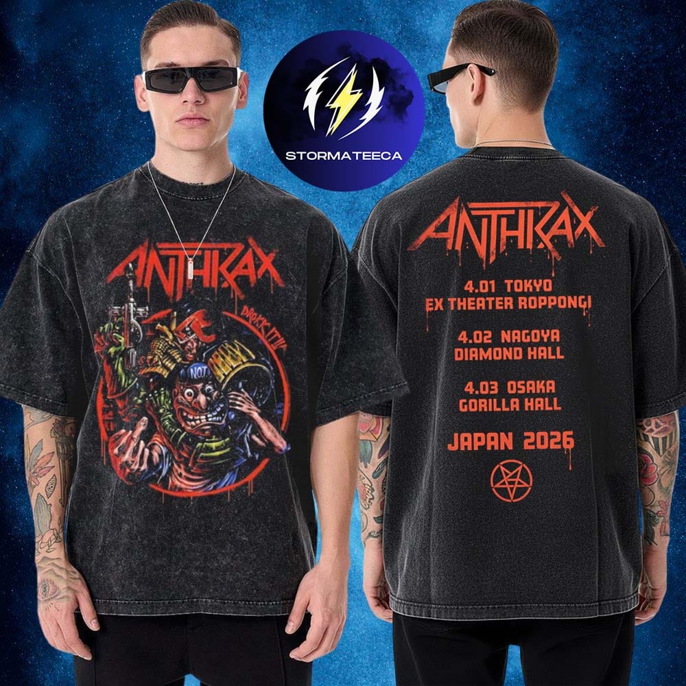 Anthrax Merch Japan Tour 2026 Drokk It With Tour Dates Limited Two Sided Washed T-Shirt Anthrax Merch Japan Tour 2026 Drokk It With Tour Dates Limited Two Sided Washed T-Shirt