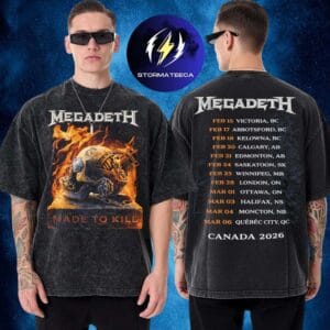 Megadeth Merch Canada 2026 Tour Fire Skull Made To Kill Tour Dates Two Sided Washed T-Shirt