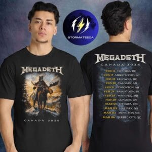 Megadeth Merch Canada 2026 Tour Vic Rattlehead Bearskin Jacket Tour Dates Two Sided Unisex T-Shirt