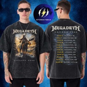 Megadeth Merch Canada 2026 Tour Vic Rattlehead Bearskin Jacket Tour Dates Two Sided Washed T-Shirt