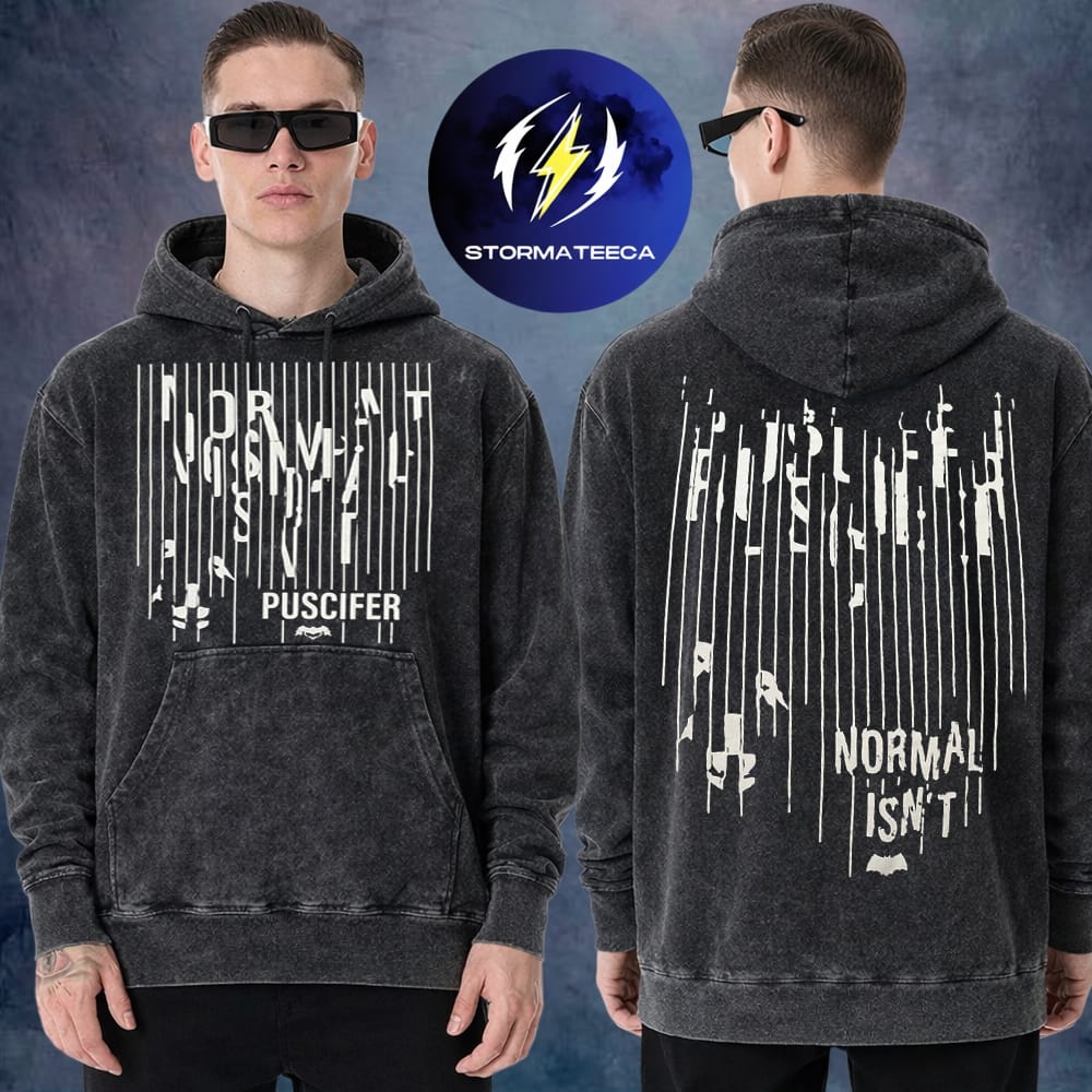Puscifer Merch Dallas Normal Isnt North American Tour 2026 Glitch Logo Two Sided Washed Hoodie Shirt Puscifer Merch Dallas Normal Isnt North American Tour 2026 Glitch Logo Two Sided Washed Hoodie Shirt
