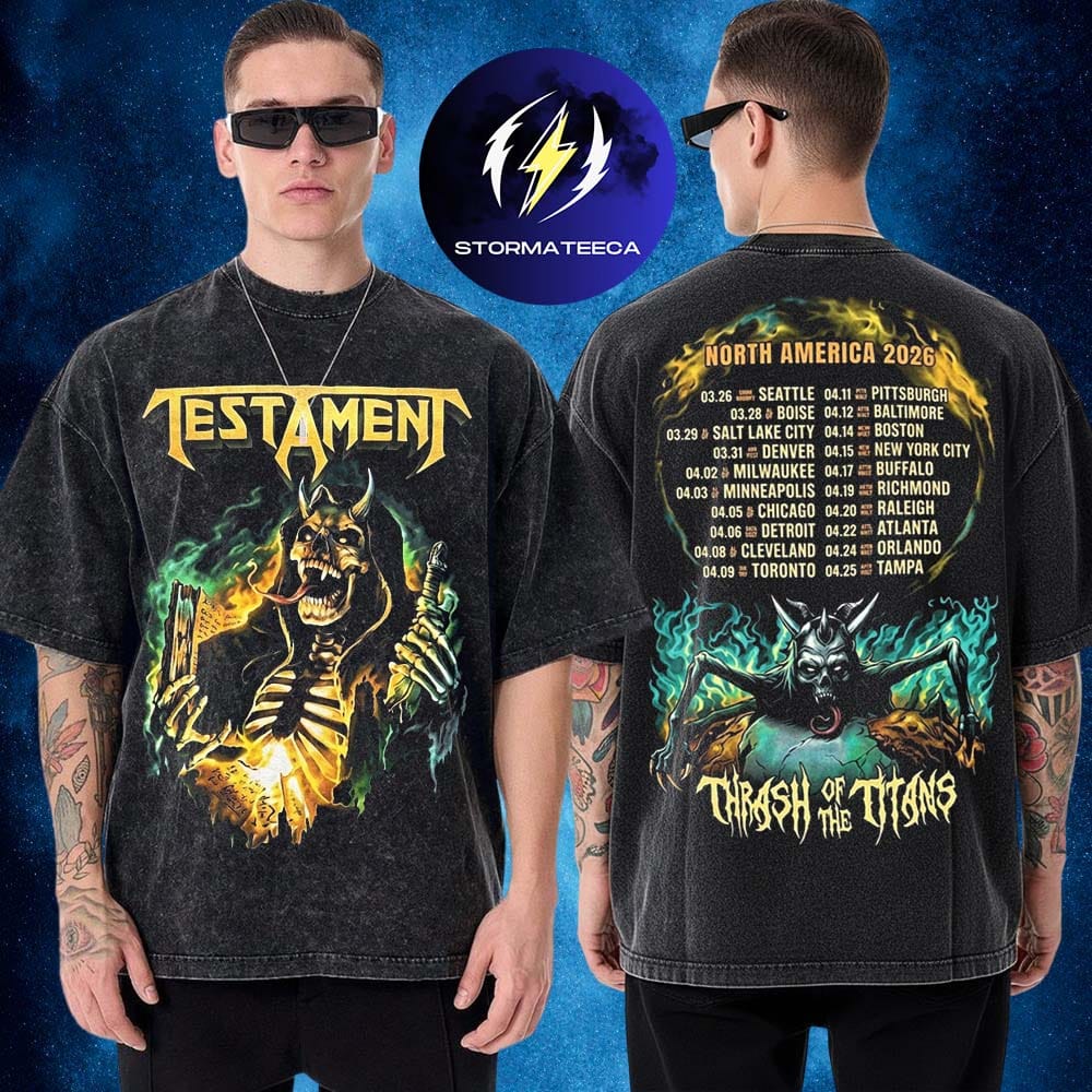 Testament Thrash Of The Titans North America Tour 2026 Pop Up Merch Roadmap Two Sided Washed T-Shirt Testament Thrash Of The Titans North America Tour 2026 Pop Up Merch Roadmap Two Sided Washed T-Shirt
