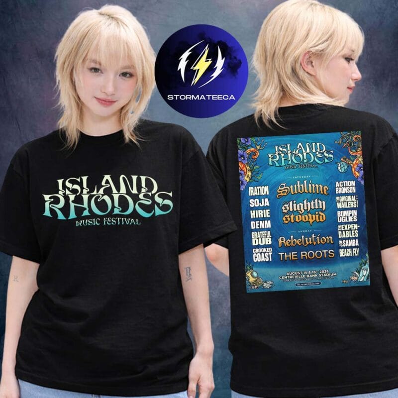 Island Rhodes Music Festival 2026 At Centreville Bank Stadium On August 15 16 2026 Line Up Two Sided Unisex T Shirt