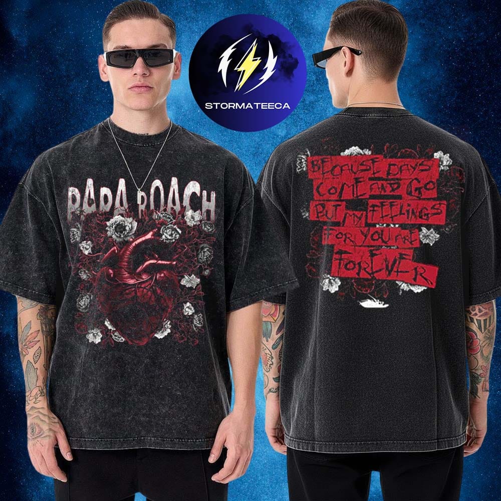 Papa Roach Merch Big Rock Tour 2026 Australia & NZ With A Day To Remember Heart And Roses Two Sided Washed T-Shirt Papa Roach Merch Big Rock Tour 2026 Australia & NZ With A Day To Remember Heart And Roses Two Sided Washed T-Shirt