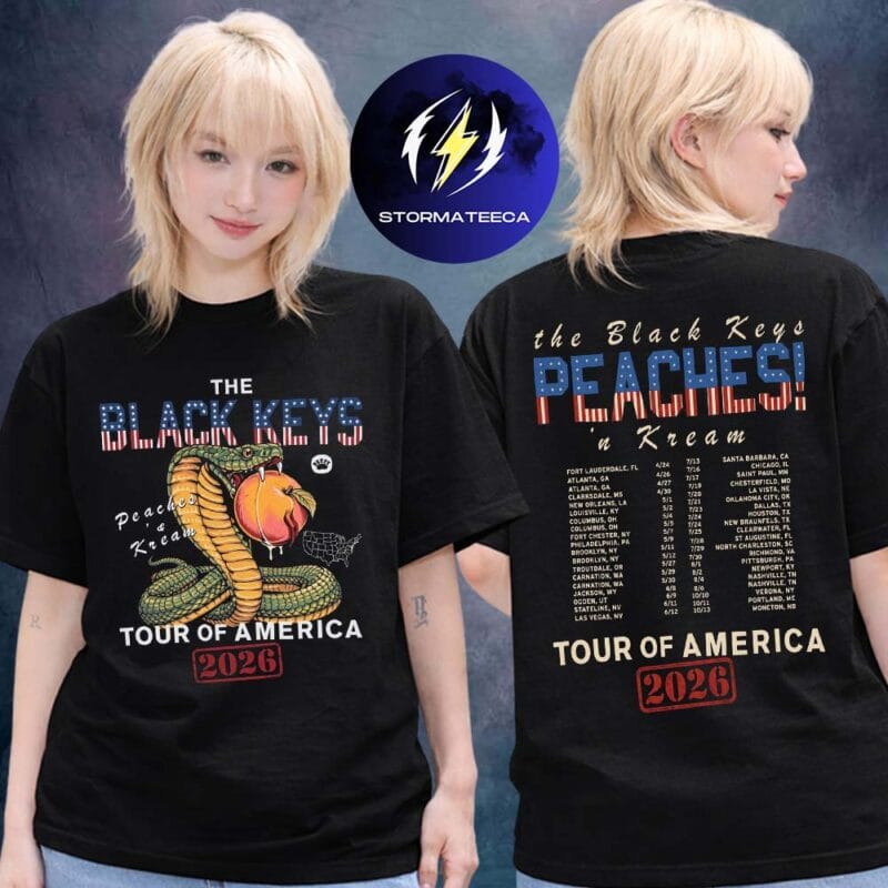 The Black Keys Merch Peaches N Kream World Tour 2026 Snake America Tour Dates Two Sided Unisex T Shirt